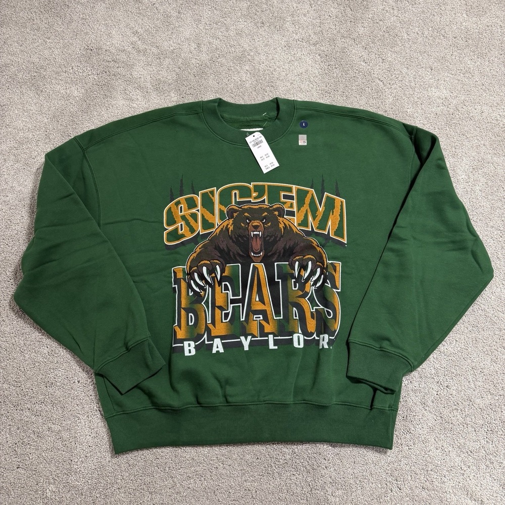 Hollister Baylor Bears Sweatshirt Mens Sz L Green Boxy Fit Pullover Crewneck NWT